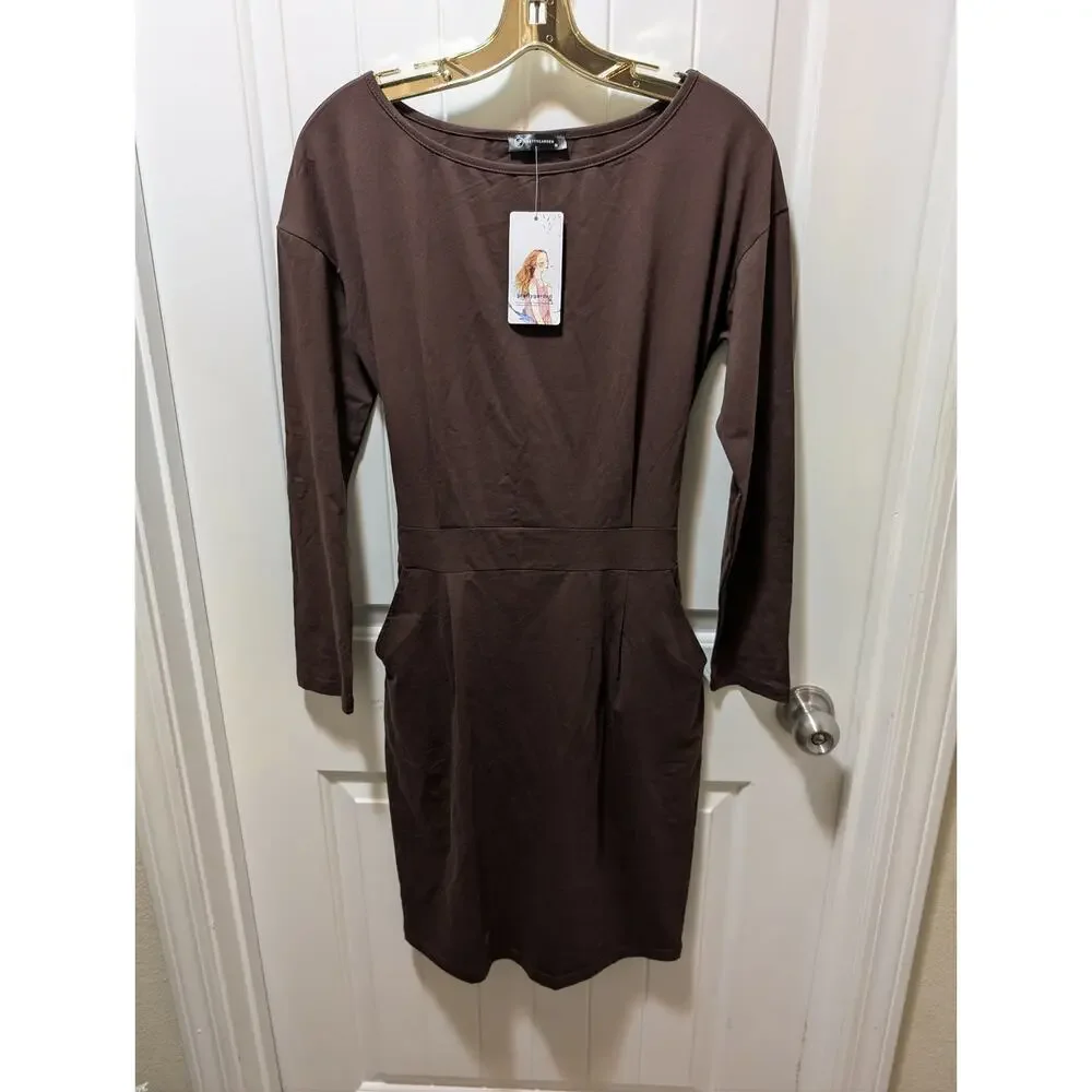 NEW Pretty Garden Bodycon Midi Dress Women's M Brown Long Sleeve Belted Pockets - Picture 2 of 9